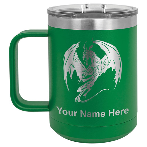 LaserGram 15oz Vacuum Insulated Coffee Mug, Dragon, Personalized Engraving Included (Green)