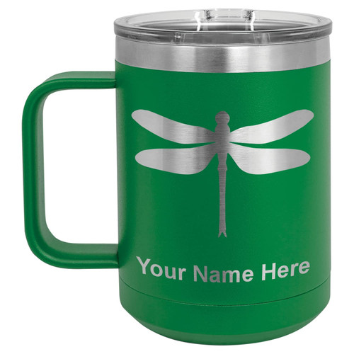 LaserGram 15oz Vacuum Insulated Coffee Mug, Dragonfly, Personalized Engraving Included (Green)