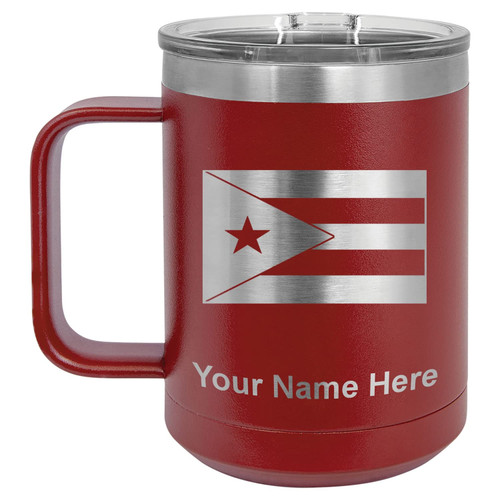 LaserGram 15oz Vacuum Insulated Coffee Mug, Flag of Puerto Rico, Personalized Engraving Included (Maroon)
