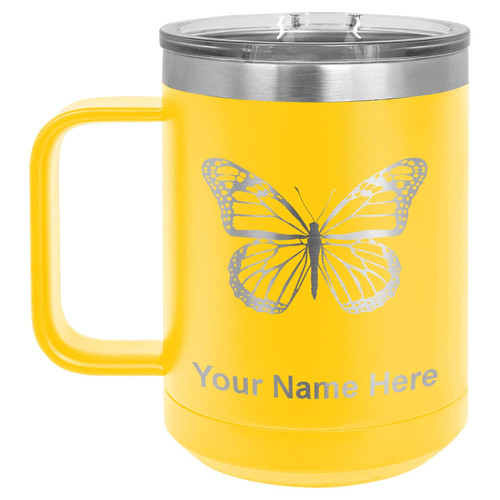 LaserGram 15oz Vacuum Insulated Coffee Mug, Monarch Butterfly, Personalized Engraving Included (Yellow)
