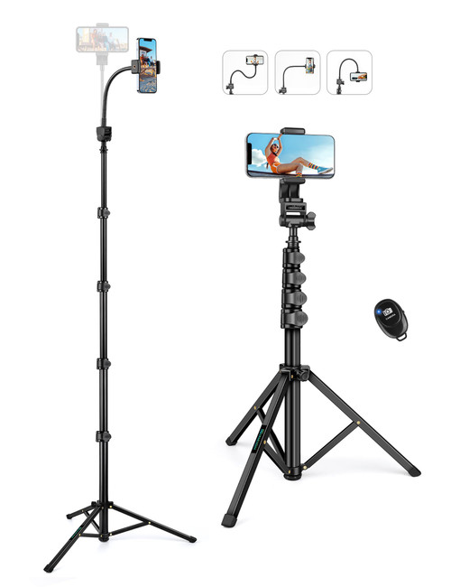 Nineigh Tripod for Cell Phone, 76" Phone Tripod with Gooseneck & Remote, Tripod for iPhone Selfie Stick Portable Tripod Video Recording Photo Vlog, Compatible with iPhone Plus Cellphone Camera
