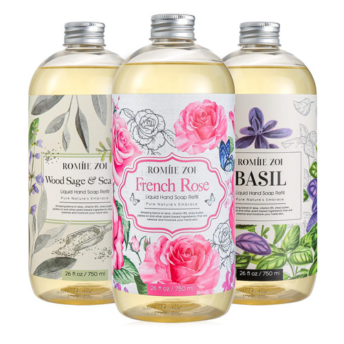 ROMIIE ZOI Liquid Hand Soap Refill, Basil, Gentle & Moisturizing Formula, 750 ML/ 26 FL OZ - Variety Pack of 3(Basil,Rose,Wood Sage & Sea Salt) ROMIIE ZOI Liquid Hand Soap Refill, Basil, Gentle & Moisturizing Formula, 750 ML/ 26 FL OZ - Variety Pack of 3(Basil,Rose,Wood Sage & Sea Salt)