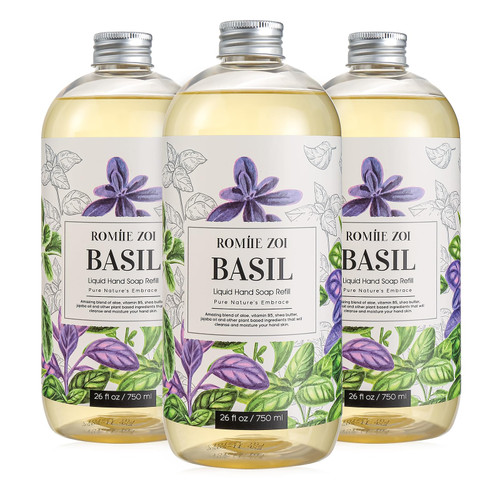 ROMIIE ZOI Liquid Hand Soap Refill, Basil, Gentle & Moisturizing Formula, 750 ML/ 26 FL OZ(Pack of 3)