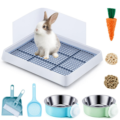 Uiifan 10 Pcs Rabbit Litter Box Trainer with Hanging Pet Bowls and Accessories Guinea Pig Litter Pan Rabbit Litter Pan Bunny Corner Litter Bedding Box for Bunny Ferret Guinea Pigs Hedgehog (Blue)