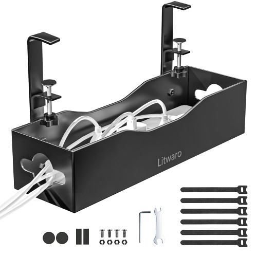 Under Desk Cable Management Tray, Litwaro Cable Management Under Desk No Drill, Cable Rack with Clamp for Desk Wire Management and Desk Cord Organizer, Cable Management Box Under Desk for Home Office