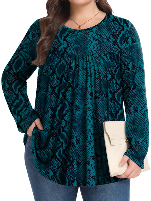 Women Plus Size Tops Fall Long Sleeve Shirts Crew Neck Casual Loose Tunic Blouse Green Snake Skin 3X
