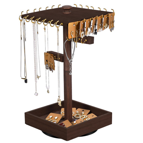 Wood Rotating Necklace Holder Jewelry Organizer Necklace Display for Selling Rotating Jewelry Display Large Capacity Jewelry Displays with 34Hooks, Jewelry Earring Storage Display for Store Showcase
