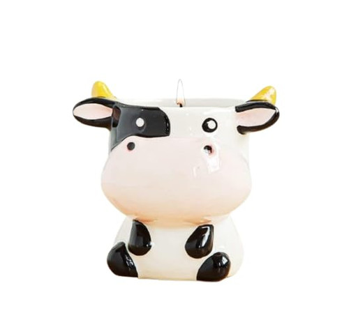 Mini Cow Candle, in Reusable Succulent Pot Planter, Desk Candle (Amber Oakmoss)