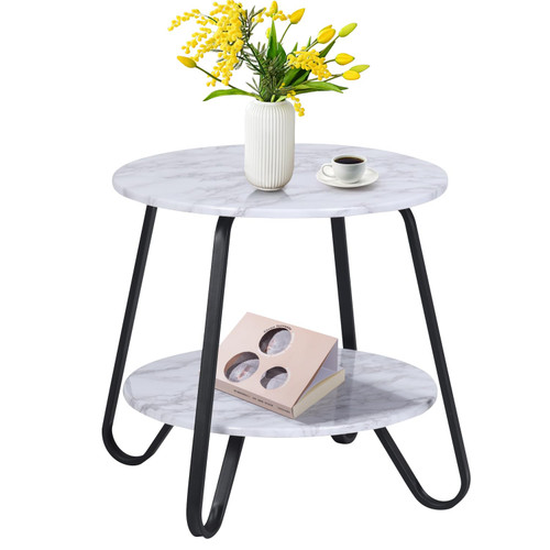 FurnitureR Round End Table, 2-Tier Side Table Industrial Nightstand Bedside Coffee Table Accent Table for Bedroom, Living Room, Apartment (Marble White)