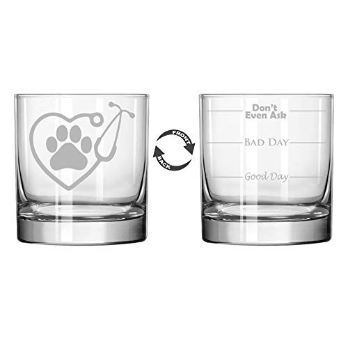 MIP Brand 11 oz Rocks Whiskey Highball Glass Two Sided Heart Stethoscope Vet Tech Veterinarian