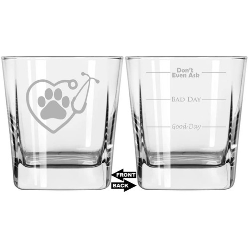 MIP Brand 12 oz Square Base Rocks Whiskey Double Old Fashioned Glass Two Sided Good Day Bad Day Don't Even Ask Heart Stethoscope Vet Tech Veterinarian