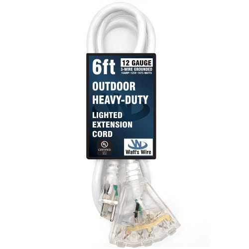6 ft - 12 Gauge Heavy Duty Extension Cord - 3 Outlet Lighted SJTW - Indoor/Outdoor Extension Cord by Watt's Wire - 6' 12-Gauge Grounded 15 Amp Extension Cord Splitter