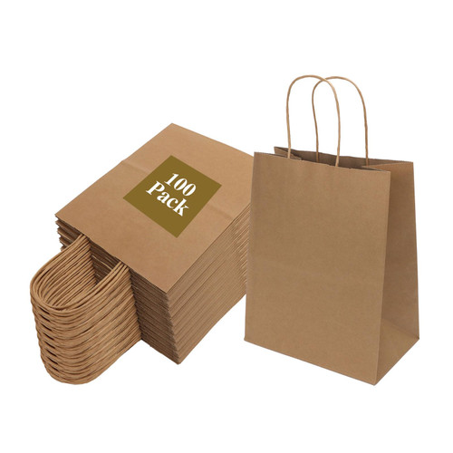 Joybe 100 Pack 8x4.75x10 Inch Medium Brown Paper Bags with Handles Bulk, Kraft Paper Gift Bags for Birthday Party Favors Grocery Retail Shopping Business Goody Craft Bags Sacks (Plain Natural 100pcs)