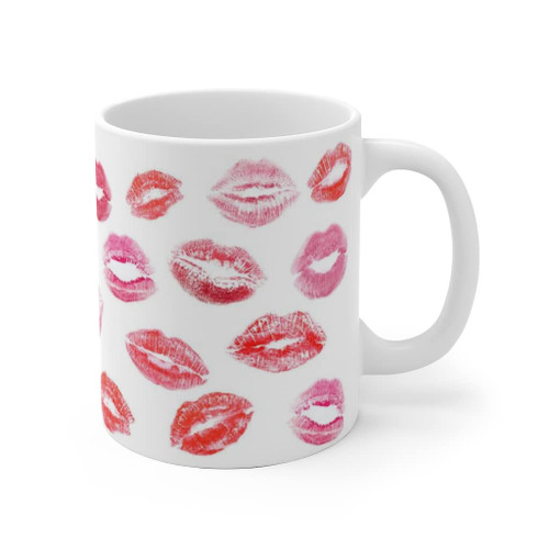 Lipstick Kisses Valentine's Day Hearts White Ceramic Mug Gift,Galentine's Day Gift,Happy Valentine's XOXO Hearts Kisses, Valentine's Day Mug