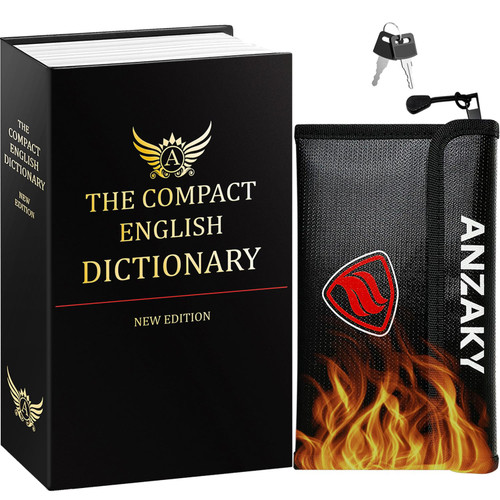 ANZAKY Dictionary Diversion Book Safe with Key Lock and Fireproof Money Bag, Dictionary Storage Box for Cash Safe Hidden, Money Hiding Box, Secret Portable Metal Compartment Safe