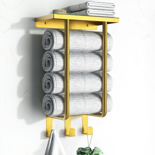 Towel Racks with Metal Shelf and 3 Hooks for Bathroom,Stainless Steel Wall Mounted Towel Rack,Bath Towel Holder for Rolled Towels,Modern Bathroom Organizer for Small Space Bathroom Towel Storage