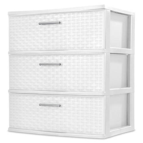 3 Drawer Wide Plastic Weave Tower with Pull Handles,Decorative Storage Drawers for Bedroom, Closet, Office, White, 1-Pack