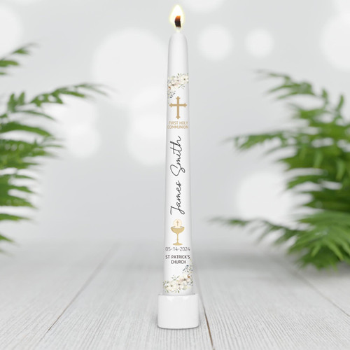 First Holy Communion Taper Candle, Personalized and Custom Communion Candle, Unscented White Premium Wax, Great for Religious Celebration, First Communion, Velas Personalizadas de Primera Comunion