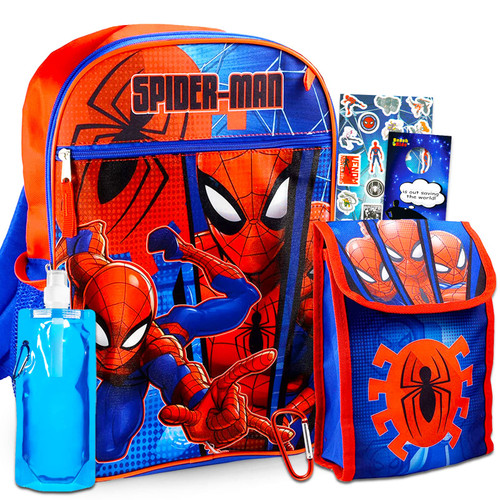 Marvel Spiderman Backpack With Lunch Box ~ 5 Pc Bundle With Spiderman School Bag, Lunch Bag, Water Bottle, Stickers And More (Spiderman School Supplies For Kids)