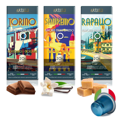 Artuzzi 60ct Compatible Nespresso Capsules | Espresso Flavored Pods Chocolate Vanilla and Toffeenut Caramel I 100% Aluminum Capsules I Recyclable Artuzzi 60ct Compatible Nespresso Capsules | Espresso Flavored Pods Chocolate Vanilla and Toffeenut Caramel I 100% Aluminum Capsules I Recyclable