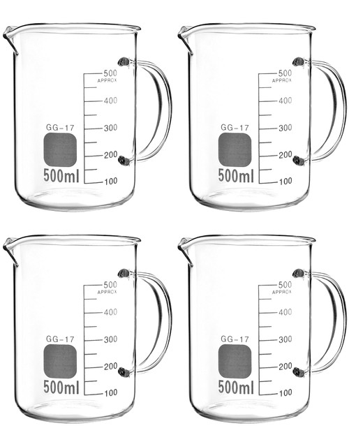 QWORK Beaker with Handle, 500ml Measuring Cup, Borosilicate Glass,Beaker Mug with Pouring Spout, 4 Pack