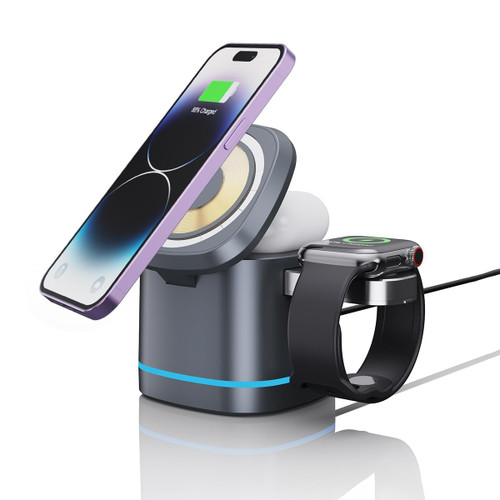 3 in 1 Wireless Charger,Magnetic Foldable Wireless Charging Station, 15W Fast Wireless Charging Dock Compatible with Magsafe Charger iPhone 15/14/13/12 Series,AirPods 3/2/Pro,IWatch 1-8/Ultra (Grey)