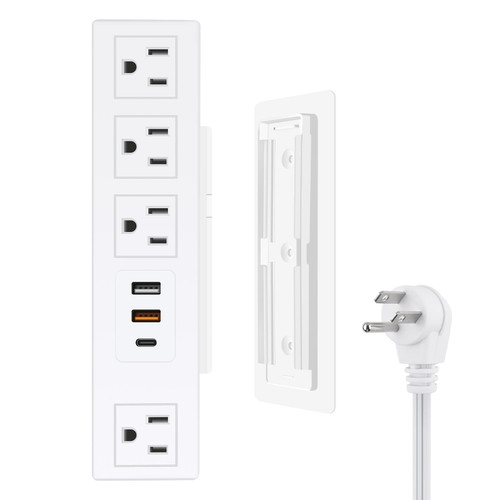 JUNNUJ 20W USB C Power Strip Under Mount Adhesive, Under Desk Surge Protector 4 Outlets, Fast Charge Wall Outlet with 4AC and 3 USB Ports, Under Table Socket 10FT Extension Cord with Flat Plug