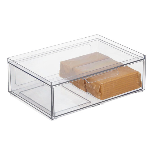 mDesign Plastic Wide Stackable Kitchen Storage Organizer Bin Containers with Front Pull Drawer for Cabinet, Pantry, Fridge, Freezer, Shelf, Refrigerator Organization - Lumiere Collection - Clear mDesign Plastic Wide Stackable Kitchen Storage Organizer Bin Containers with Front Pull Drawer for Cabinet, Pantry, Fridge, Freezer, Shelf, Refrigerator Organization - Lumiere Collection - Clear