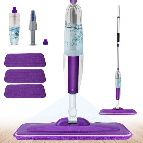 Mops for Floor Cleaning Wet Spray Mop with Refillable Spray Bottle and 3 Washable Microfiber Pads Home or Commercial Use Dry Wet Flat Mop for Hardwood Laminate Wood Ceramic, Purple