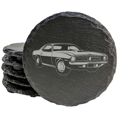 Rustic Slate Coasters Set with Laser-Etched Plymouth Barracuda Design - Home Decor Drink Mats for Car Enthusiasts - Round Slate - set of 4
