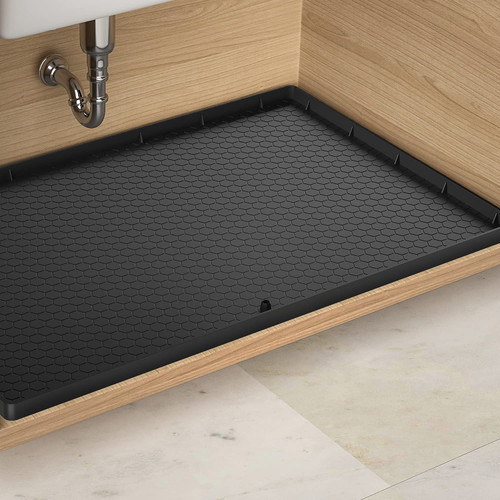 Under Sink Mat - 28" x 22" Waterproof Kitchen Cabinet Tray - Flexible Silicone Under Sink Liner with Drain Hole - Kitchen Bathroom Cabinet Mat and Protector for Drips Leaks Spills (Black)