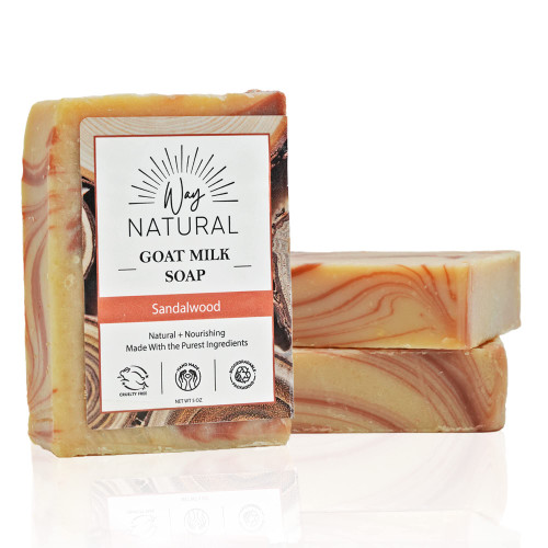 Way Natural Goat Milk Soap, Sandalwood - Real Milk, Moisturizing, Creamy, Artisan Goat Soap - Handmade Soap, Sandalwood Soap Bars (3 Pack - 5 Oz Large Bars)