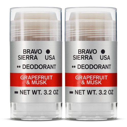 Aluminum-Free Natural Deodorant for Men by Bravo Sierra, 2-Pack - Long Lasting All-Day Odor and Sweat Protection - Grapefruit & Musk, 3.2 oz - Paraben-Free, Baking Soda Free, Vegan & Cruelty-Free