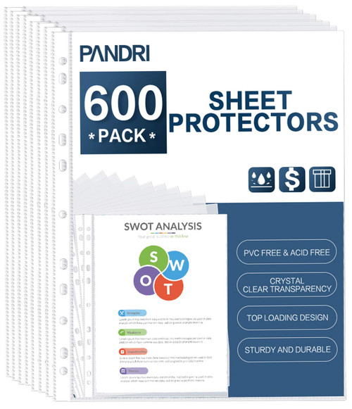 Sheet Protectors, PANDRI 600 Pack Clear Heavy Duty Plastic Page Protectors Sheet Reinforced 11-Hole Fit for 3 Ring Binder Fits Standard 8.5 x 11 Paper, 9.25 x 11.25 Top Loaded, Acid Free