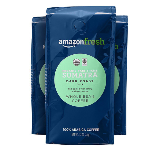 Amazon Fresh Organic Fair Trade Sumatra Whole Bean Coffee, Dark Roast, 12 Ounce (Pack of 3) Amazon Fresh Organic Fair Trade Sumatra Whole Bean Coffee, Dark Roast, 12 Ounce (Pack of 3)