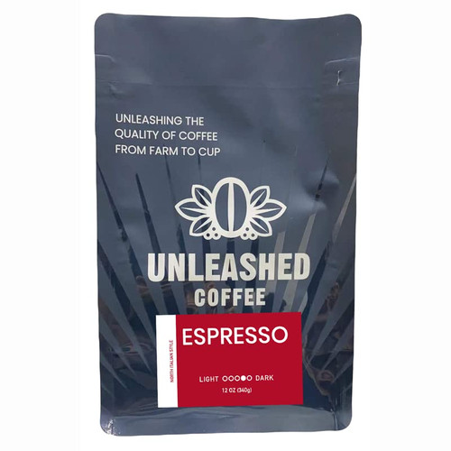 Unleashed Coffee - Espresso Single Origin Whole Bean Coffee, Dark Roast, 100% Arabica, 12 oz Bag Unleashed Coffee - Espresso Single Origin Whole Bean Coffee, Dark Roast, 100% Arabica, 12 oz Bag