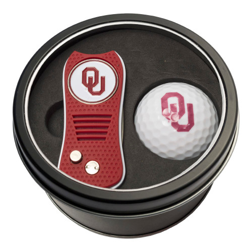 Team Golf NCAA Oklahoma Sooners Tin Golf Ball Gift Set with Retractable Divot Tool and Double-Sided Magnetic Ball Marker & Golf Ball, Patented Single Prong Design, Less Damage to Greens