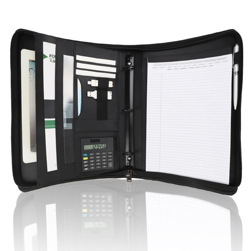 Freeprint Business Portfolio with Zipper 3 Ring Binder Organizer - PU Leather Folder Padfolio Document Organizer with Solar Calculator,Writing Pad