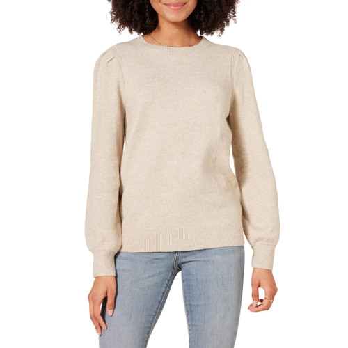 Amazon Essentials Women's Soft Touch Pleated Shoulder Crewneck Sweater, Beige, Large