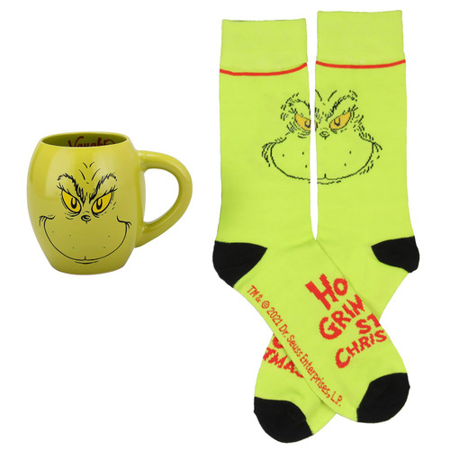 Bioworld Dr. Seuss The Grinch Naughty or Nice Oval Ceramic 18oz Mug and Crew Sock Combo