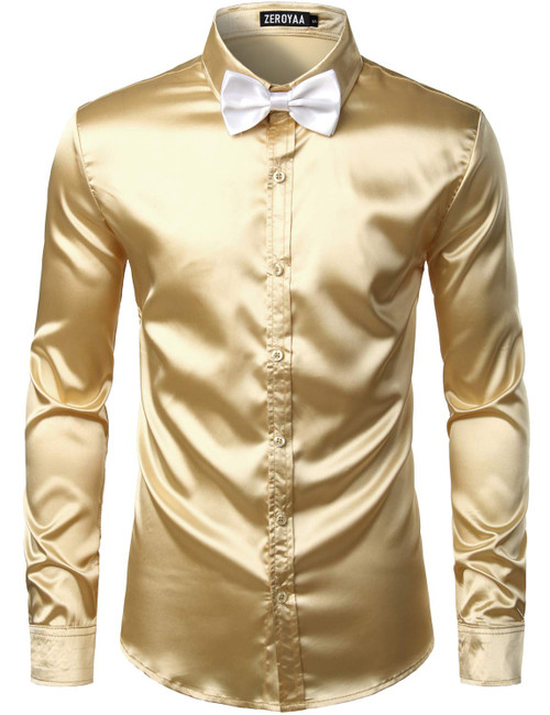 ZEROYAA Men's Luxury Shiny Silk Like Satin Button Up Dress Shirts ZLCL14-Champagne Small