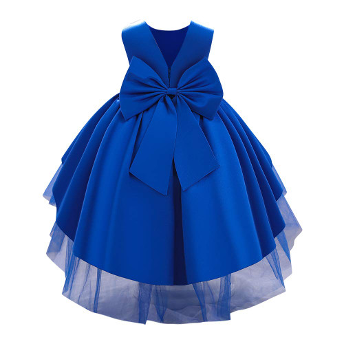 Flower Girls Dress Formal Bowknot Tutu Backless Ruffle Puffy Tulle Gowns Princess Wedding Communion Christening Baptism Pageant Birthday Lace Party Wear Summer Suit Royal Blue 4-5T