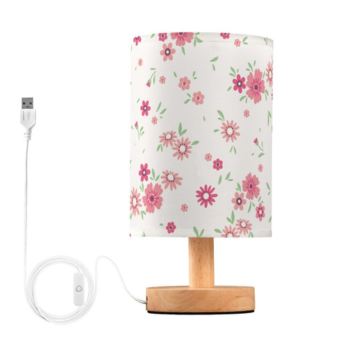 beeplus Cute Flowers Table Lamp Bedside Nightstand Lamps for Bedrooms - Bedside Lamps for Nightstand, Wood Base Round Flaxen Fabric Shade for Living Room, Office Desk
