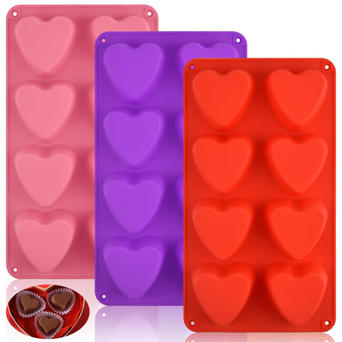 3 Pieces Heart Silicone Molds 8 Cavities heart silicone mold baking Heart Mini Muffin Pan Heart Shaped Molds valentine heart silicone mold for Making Chocolate, Candy, Soap and Jelly (Red,Pink,Purple)