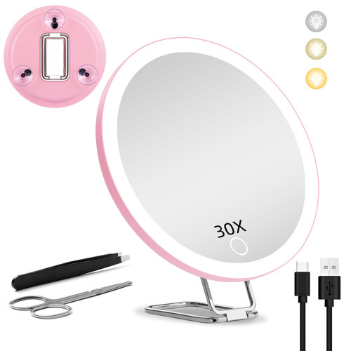 30X Magnifying Mirror with Light, 6'' Makeup Magnifying Mirror, Lighted Makeup Mirror with Magnification 30x Travel Magnifying Mirror, 30X High Magnifying Mirror with 3 Suction Cups & Adjustable Stand