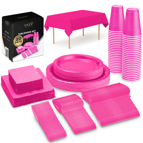 Bright Pink Party Supplies Set Paper Plates Plastic Cups Forks Knives Spoons Napkins Tablecloth Serves 20 Guests Disposable Dinnerware Set of 222 Pieces, Complete Tableware for Party -By SparkSettings