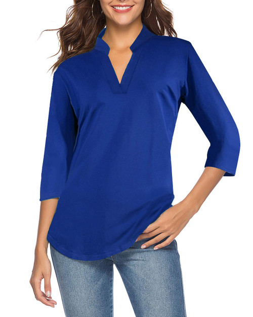 CEASIKERY Women's 3/4 Sleeve V Neck Tops Casual Tunic Blouse Loose Shirt Blue