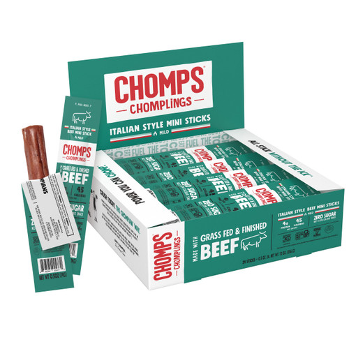 CHOMPS Snack Size Grass Fed Sea Salt Beef Jerky Meat Snack Sticks, Keto, Paleo, Whole30 Approved, Sugar Free, Low Carb, Nitrate Free, Gluten Free, High Protein, Non-GMO, 0.5oz, 24 Pack