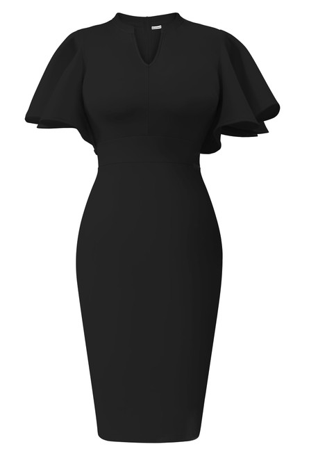 Memoriesea Women's Elegant Ruffle Sleeve Formal Party Cocktail Pencil Midi Dress Black