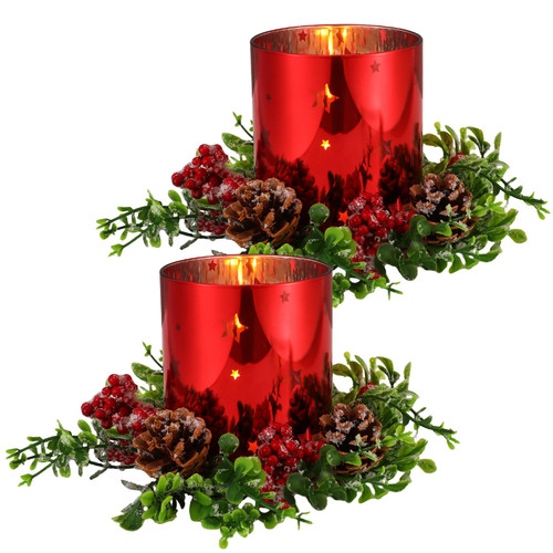 Sliner 4 Pcs Christmas Glass Candle Holders 4.7 inch Glass Xmas Candle Holder, 2 Pcs Votive Candle Berry Ring with Pinecones and 2 Pcs Christmas Candle Holders Decorative for Table Centerpieces Decor